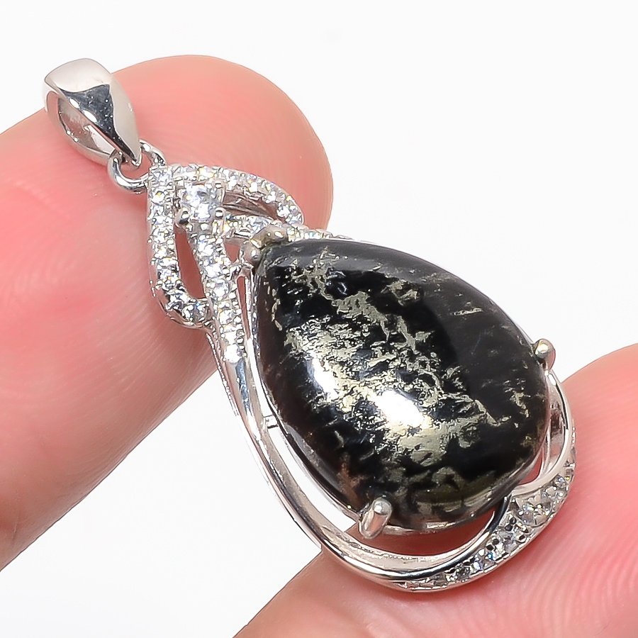 Magnesite Pyrite & Cz 925 Sterling Silver Pendant, Handmade Pendant, Pear Pendant, Gold & Black Pendant, Unique Silver Pendant, Fine Pendant, Silver Jewelry Pendant