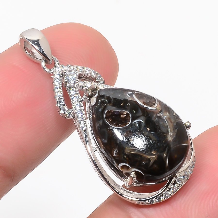 Turritella Fossil Agate & Cz 925 Sterling Silver Pendant, Handmade Pendant, Pear Pendant, Brown Pendant, Unique Silver Pendant, Fine Pendant, Silver Jewelry Pendant