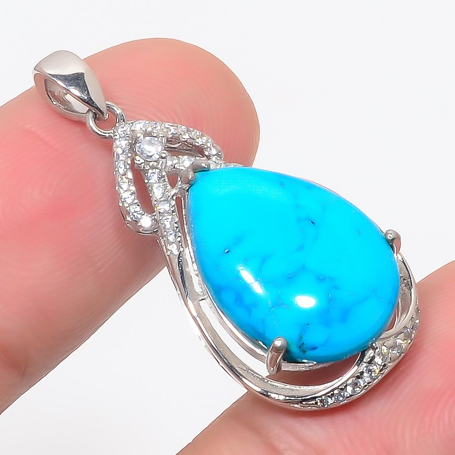 Magnesite Turquoise & Cz 925 Sterling Silver Pendant, Handmade Pendant, Pear Pendant, Blue Pendant, Unique Silver Pendant, Fine Pendant, Silver Jewelry Pendant