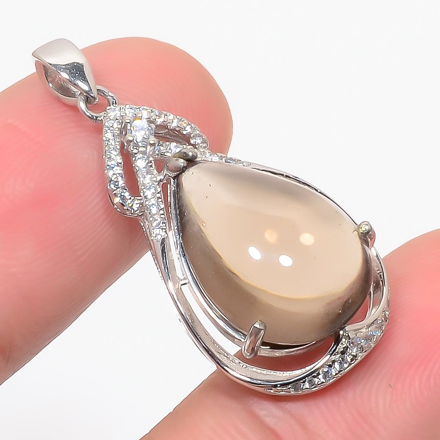 Smoky Quartz & Cz 925 Sterling Silver Pendant, Handmade Pendant, Pear Pendant, Brown Pendant, Unique Silver Pendant, Fine Pendant, Silver Jewelry Pendant