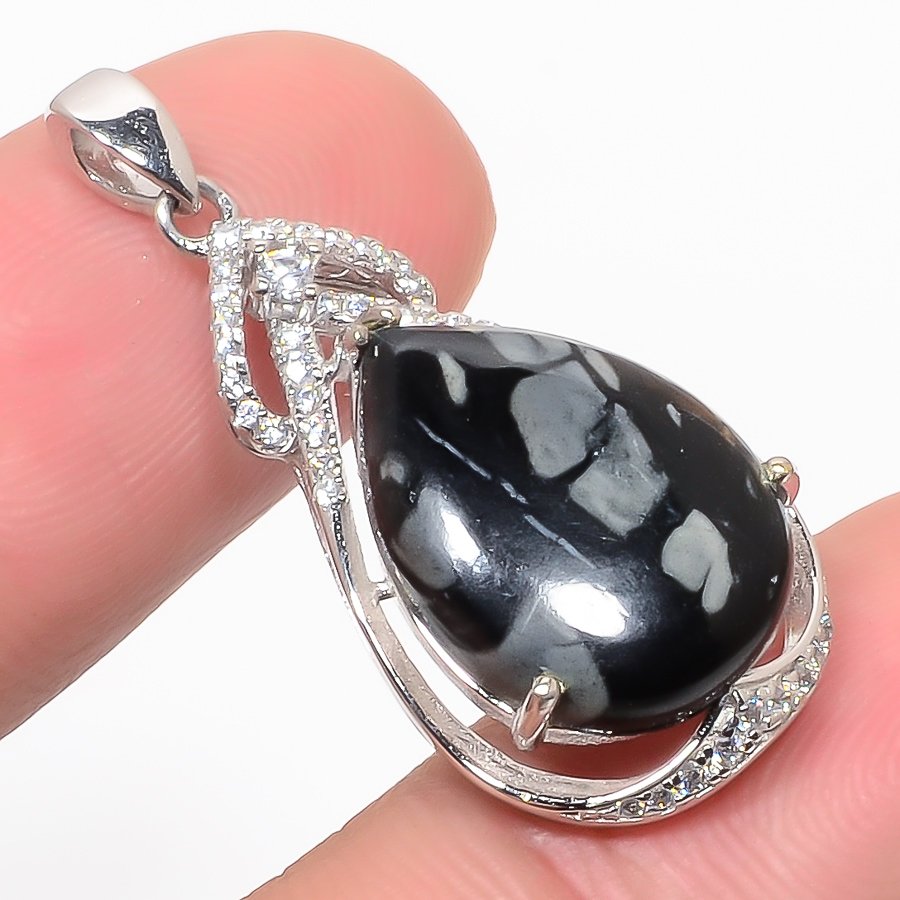 Picasso Jasper & Cz 925 Sterling Silver Pendant, Handmade Pendant, Pear Pendant, Black Pendant, Unique Silver Pendant, Fine Pendant, Silver Jewelry Pendant