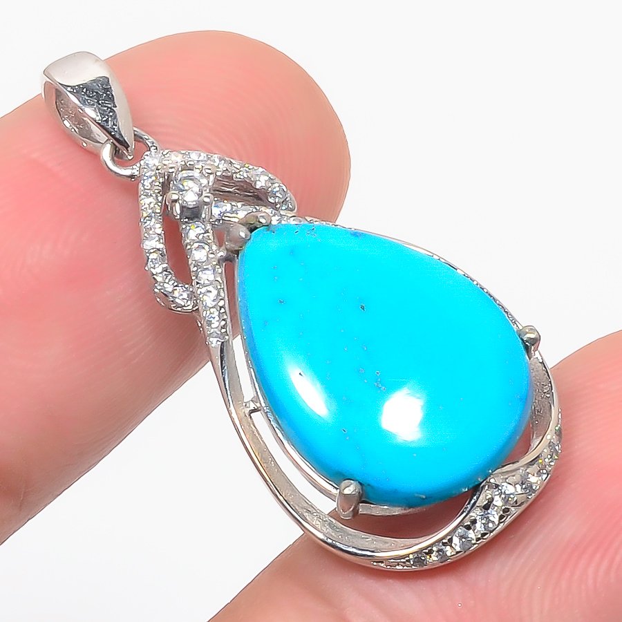 Magneiste Turquoise & Cz 925 Sterling Silver Pendant, Handmade Pendant, Pear Pendant, Blue Pendant, Unique Silver Pendant, Fine Pendant, Silver Jewelry Pendant