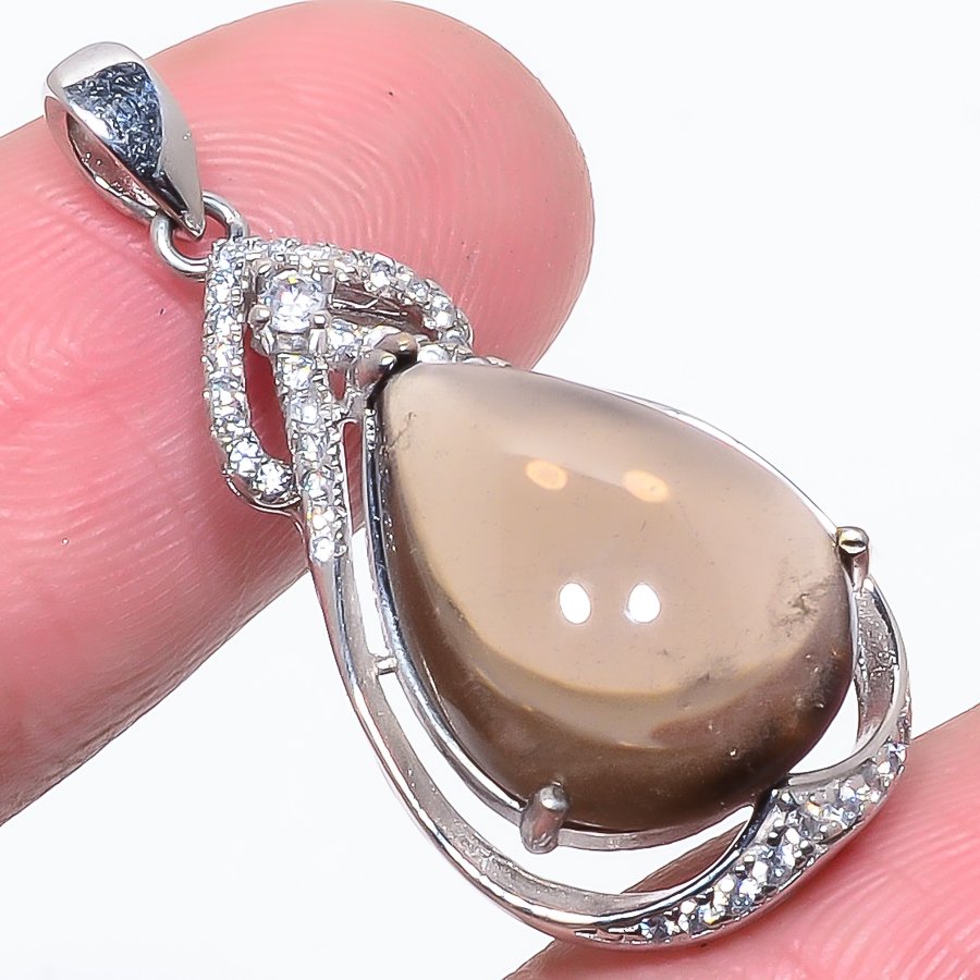 Smoky Quartz & White Topaz 925 Sterling Silver Pendant, Handmade Pendant, Pear Pendant, Brown Pendant, Unique Silver Pendant, Fine Pendant, Silver Jewelry Pendant