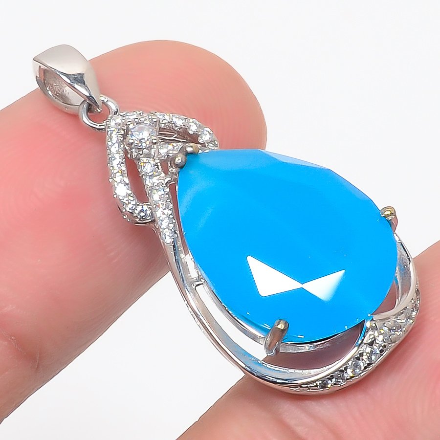 Blue Chalcedony & Cz 925 Sterling Silver Pendant, Handmade Pendant, Pear Pendant, Blue Pendant, Unique Silver Pendant, Fine Pendant, Silver Jewelry Pendant
