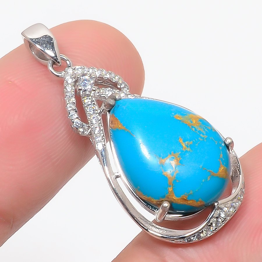 Copper Blue Turquoise & Cz 925 Sterling Silver Pendant, Handmade Pendant, Pear Pendant, Blue Pendant, Unique Silver Pendant, Fine Pendant, Silver Jewelry Pendant