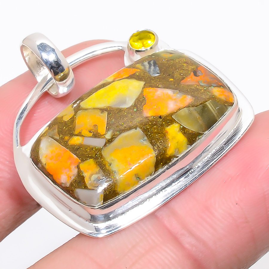 Copper Bumble Bee Jasper & Citrine 925 Sterling Silver Pendant, Handmade Pendant, Cushion Pendant, Yellow Pendant, Unique Silver Pendant, Fine Pendant, Silver Jewelry Pendant