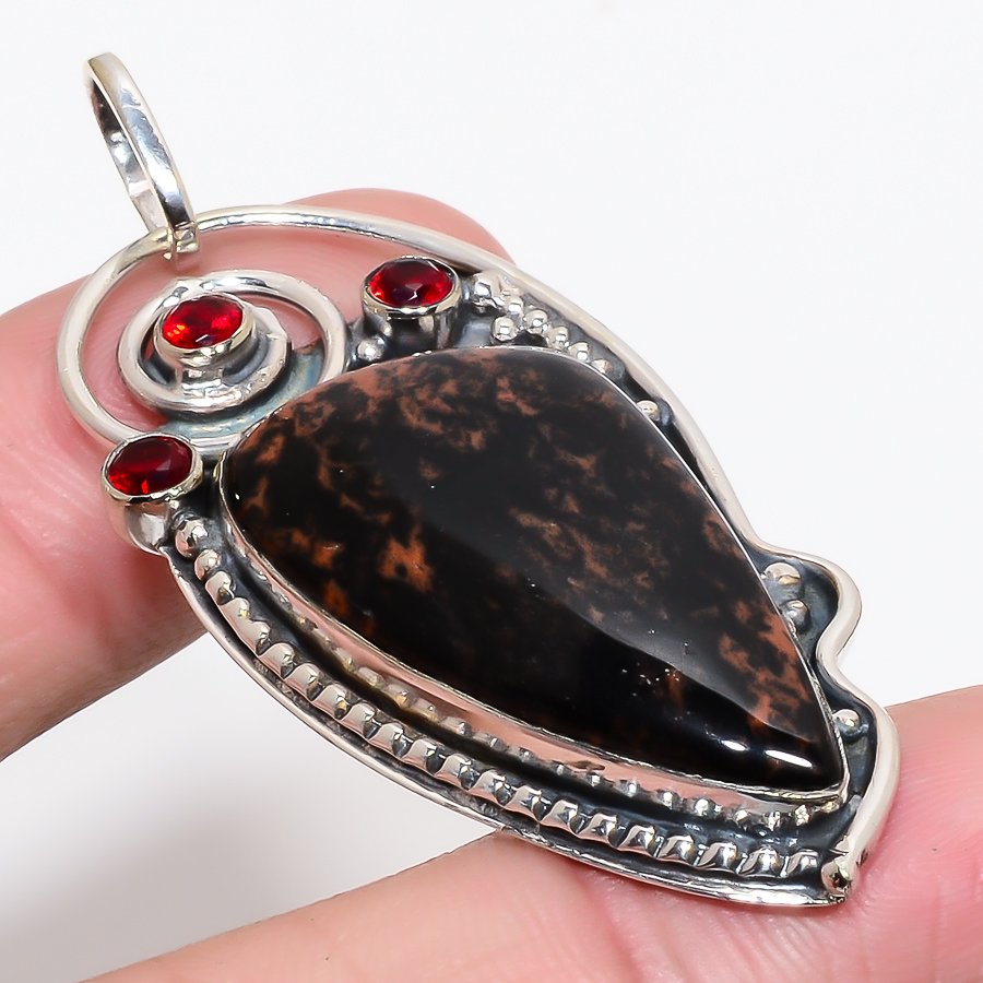 Mahogany Obsidian & Garnet 925 Sterling Silver Pendant, Handmade Pendant, Pear Pendant, Red Pendant, Unique Silver Pendant, Fine Pendant, Silver Jewelry Pendant