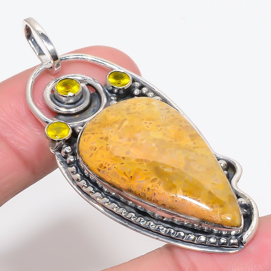 Fossil Coral & Citrine 925 Sterling Silver Pendant, Handmade Pendant, Pear Pendant, Yellow Pendant, Unique Silver Pendant, Fine Pendant, Silver Jewelry Pendant