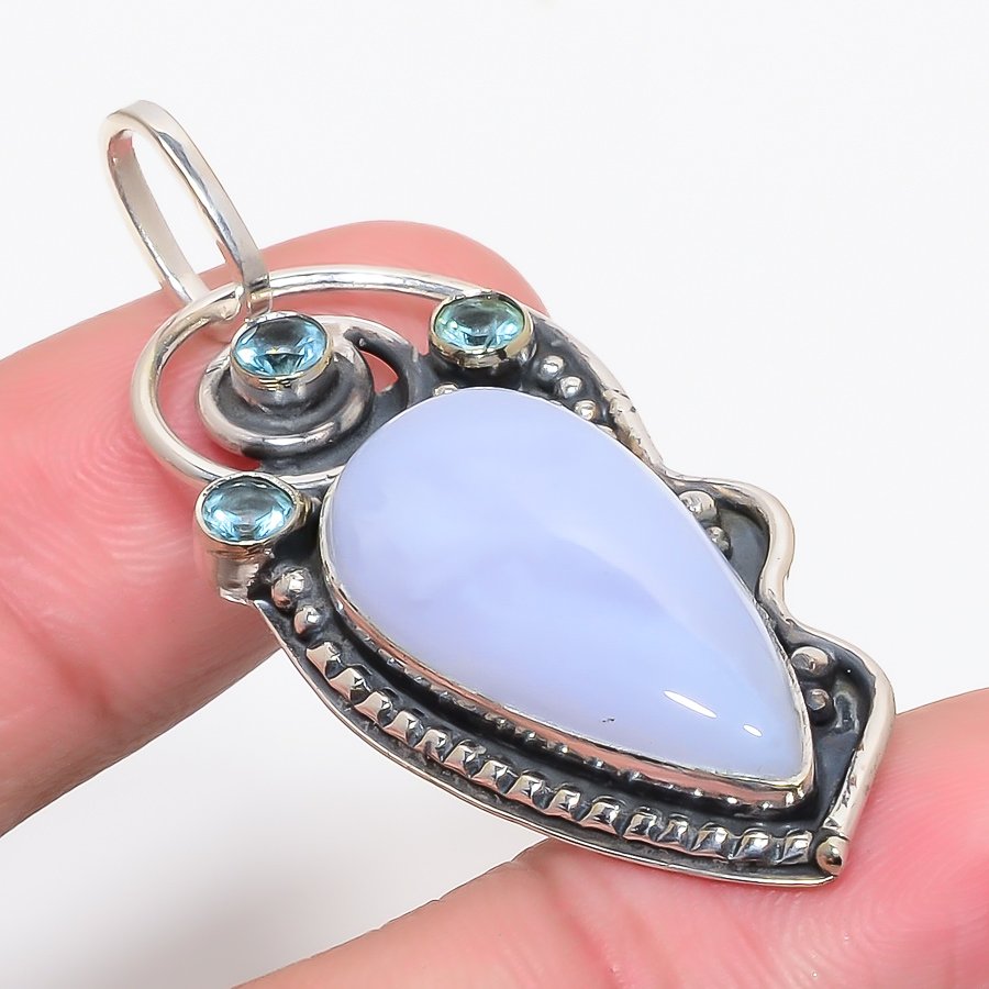 Blue Lace Agate & Blue Topaz 925 Sterling Silver Pendant, Handmade Pendant, Pear Pendant, Blue Pendant, Unique Silver Pendant, Fine Pendant, Silver Jewelry Pendant