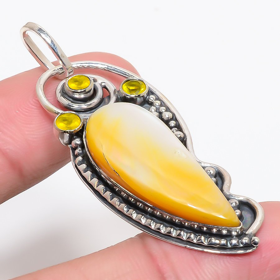 Mother Of Pearl & Citrine 925 Sterling Silver Pendant, Handmade Pendant, Pear Pendant, White Pendant, Unique Silver Pendant, Fine Pendant, Silver Jewelry Pendant