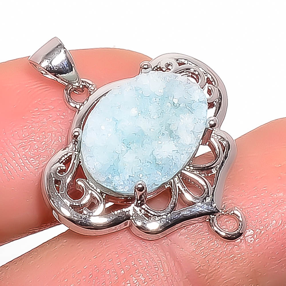 Blue Quartz Drusy 925 Sterling Silver Pendant, Handmade Pendant, Oval Pendant, Blue Pendant, Unique Silver Pendant, Fine Pendant, Silver Jewelry Pendant