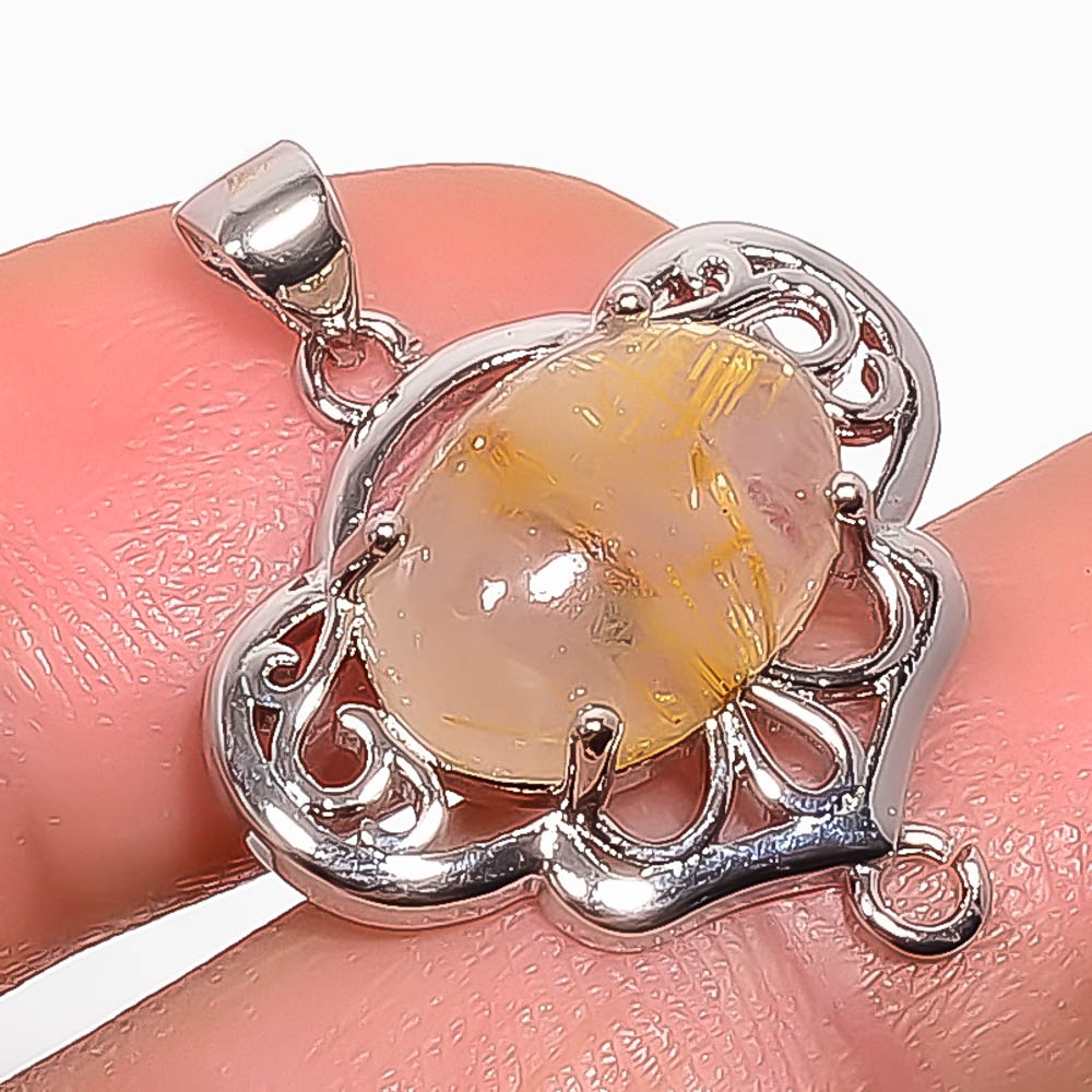 Golden Rutilated Quartz 925 Sterling Silver Pendant, Handmade Pendant, Oval Pendant, Golden Pendant, Unique Silver Pendant, Fine Pendant, Silver Jewelry Pendant