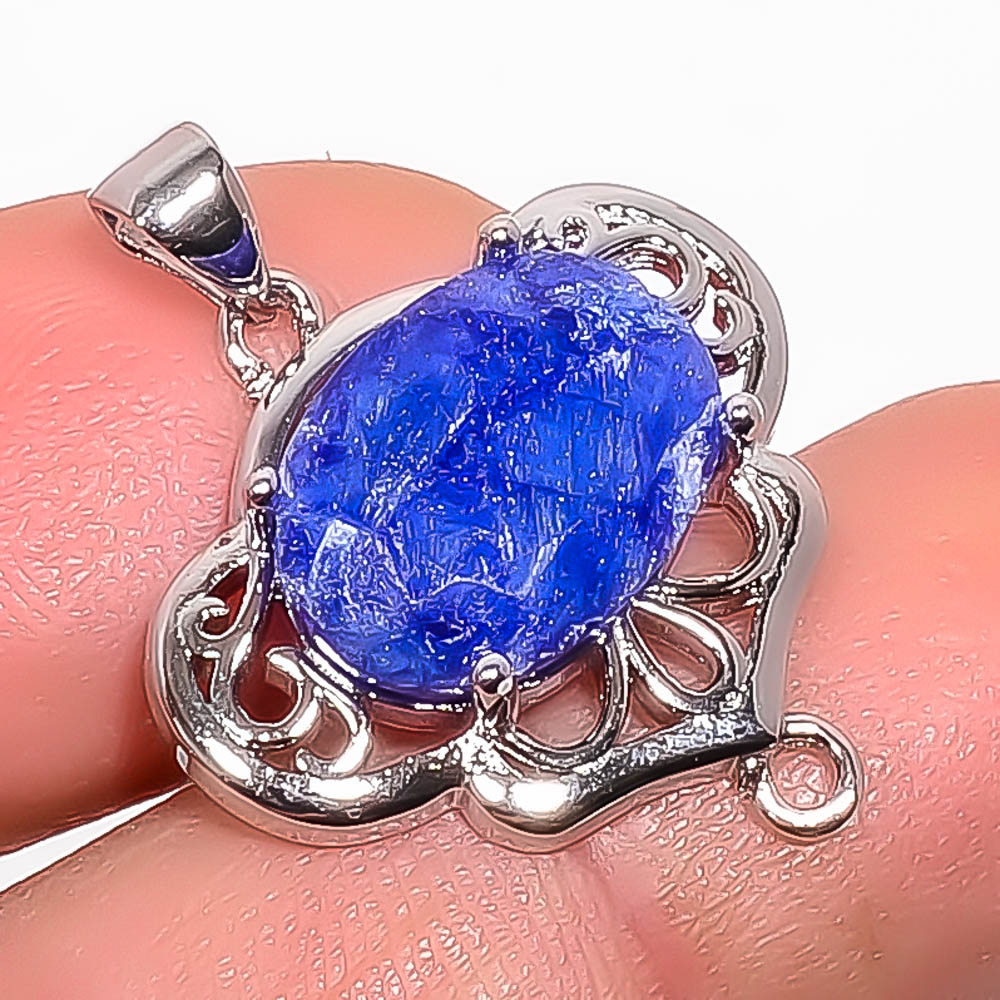 Blue Sapphire 925 Sterling Silver Pendant, Handmade Pendant, Oval Pendant, Blue Pendant, Unique Silver Pendant, Fine Pendant, Silver Jewelry Pendant
