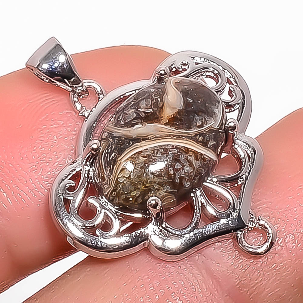 Turritella Fossil Agate 925 Sterling Silver Pendant, Handmade Pendant, Oval Pendant, Brown Pendant, Unique Silver Pendant, Fine Pendant, Silver Jewelry Pendant