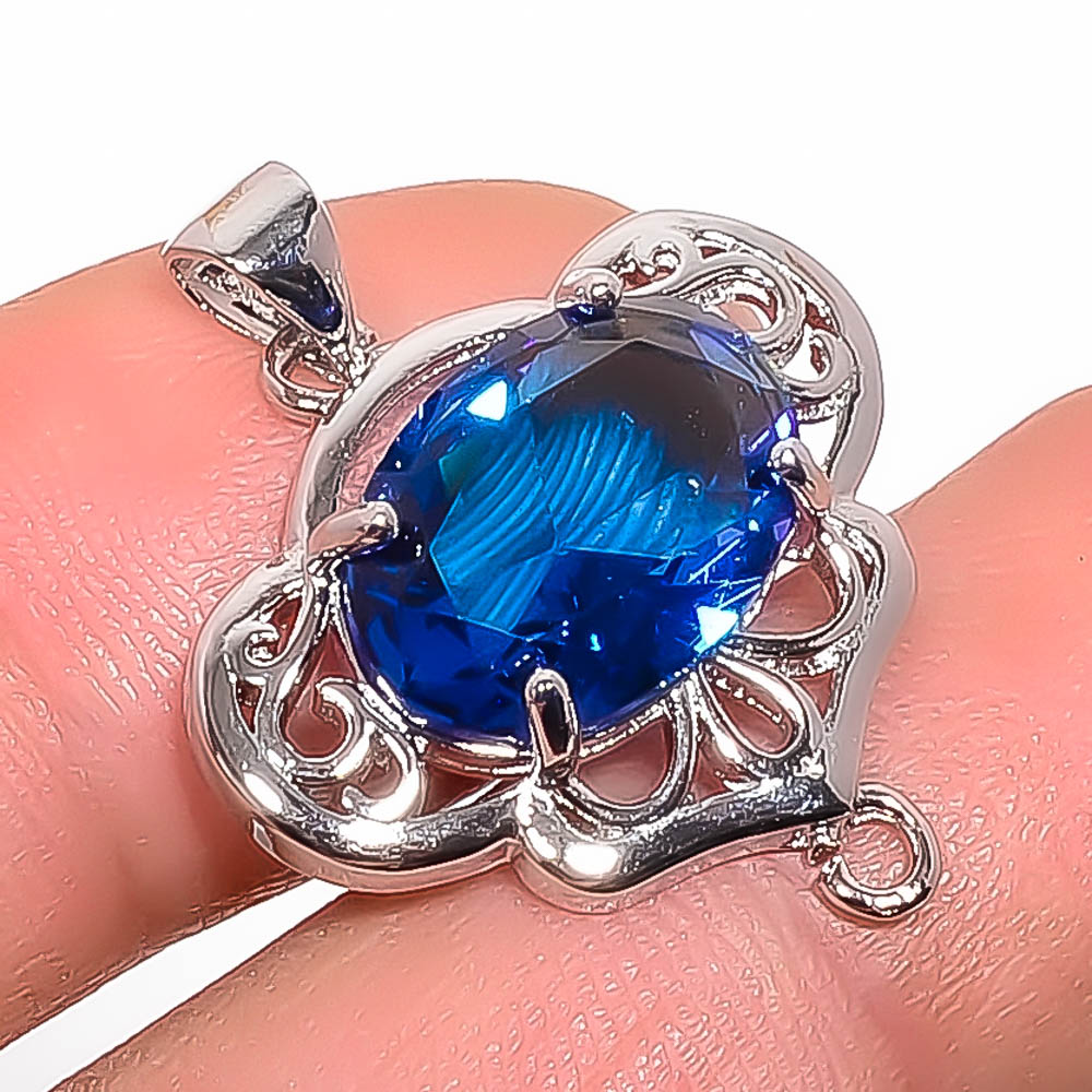 Blue Sapphire 925 Sterling Silver Pendant, Handmade Pendant, Oval Pendant, Blue Pendant, Unique Silver Pendant, Fine Pendant, Silver Jewelry Pendant