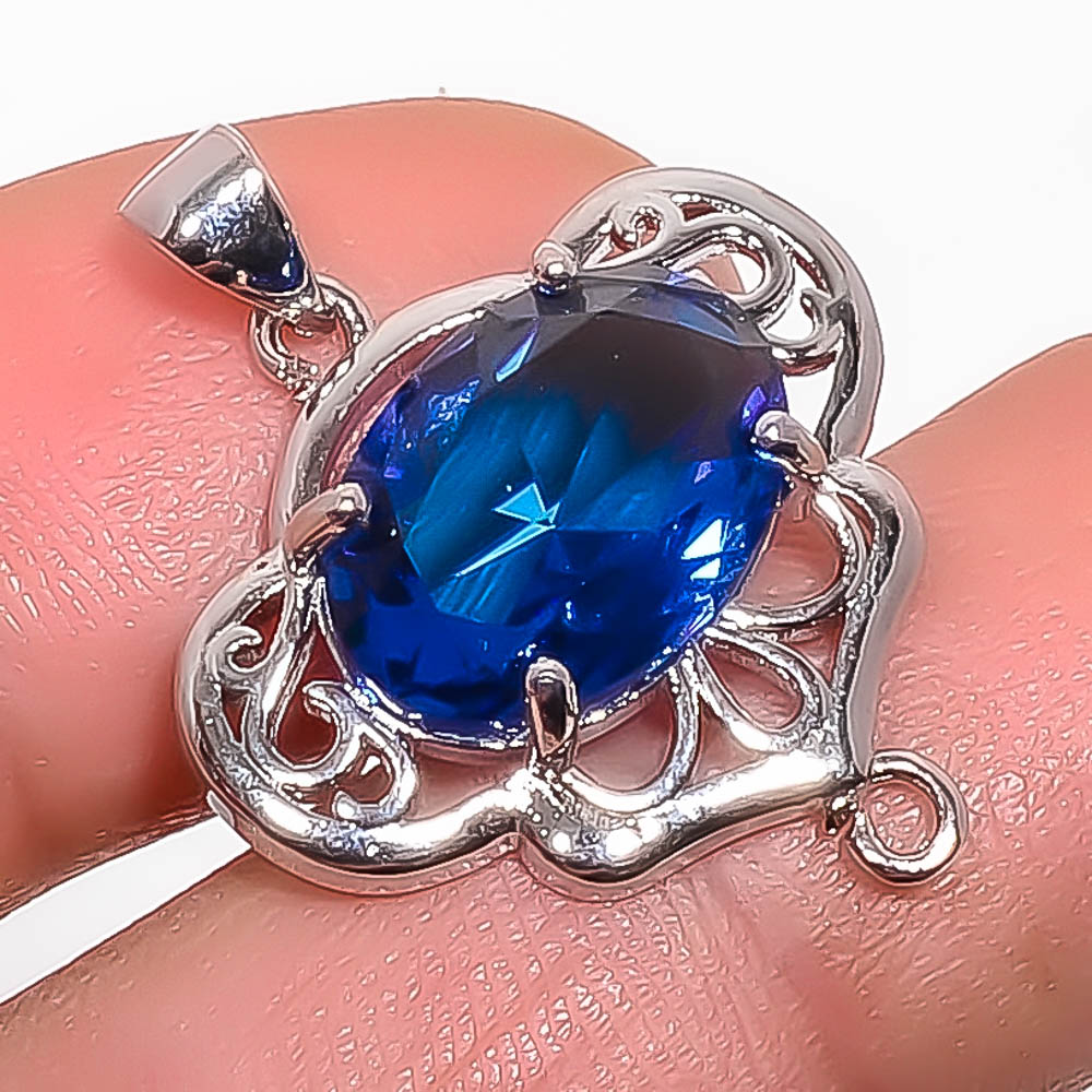 Blue Sapphire 925 Sterling Silver Pendant, Handmade Pendant, Oval Pendant, Blue Pendant, Unique Silver Pendant, Fine Pendant, Silver Jewelry Pendant