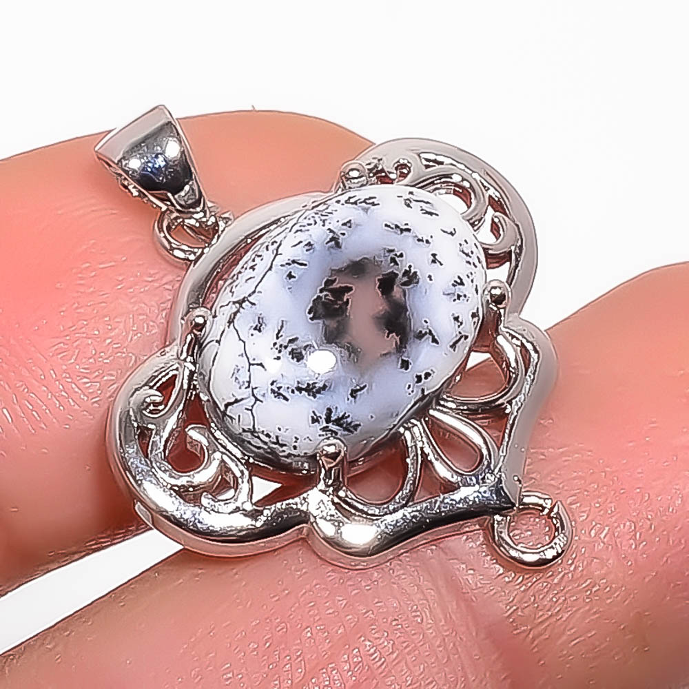 Dendritic Opal 925 Sterling Silver Pendant, Handmade Pendant, Oval Pendant, White Pendant, Unique Silver Pendant, Fine Pendant, Silver Jewelry Pendant