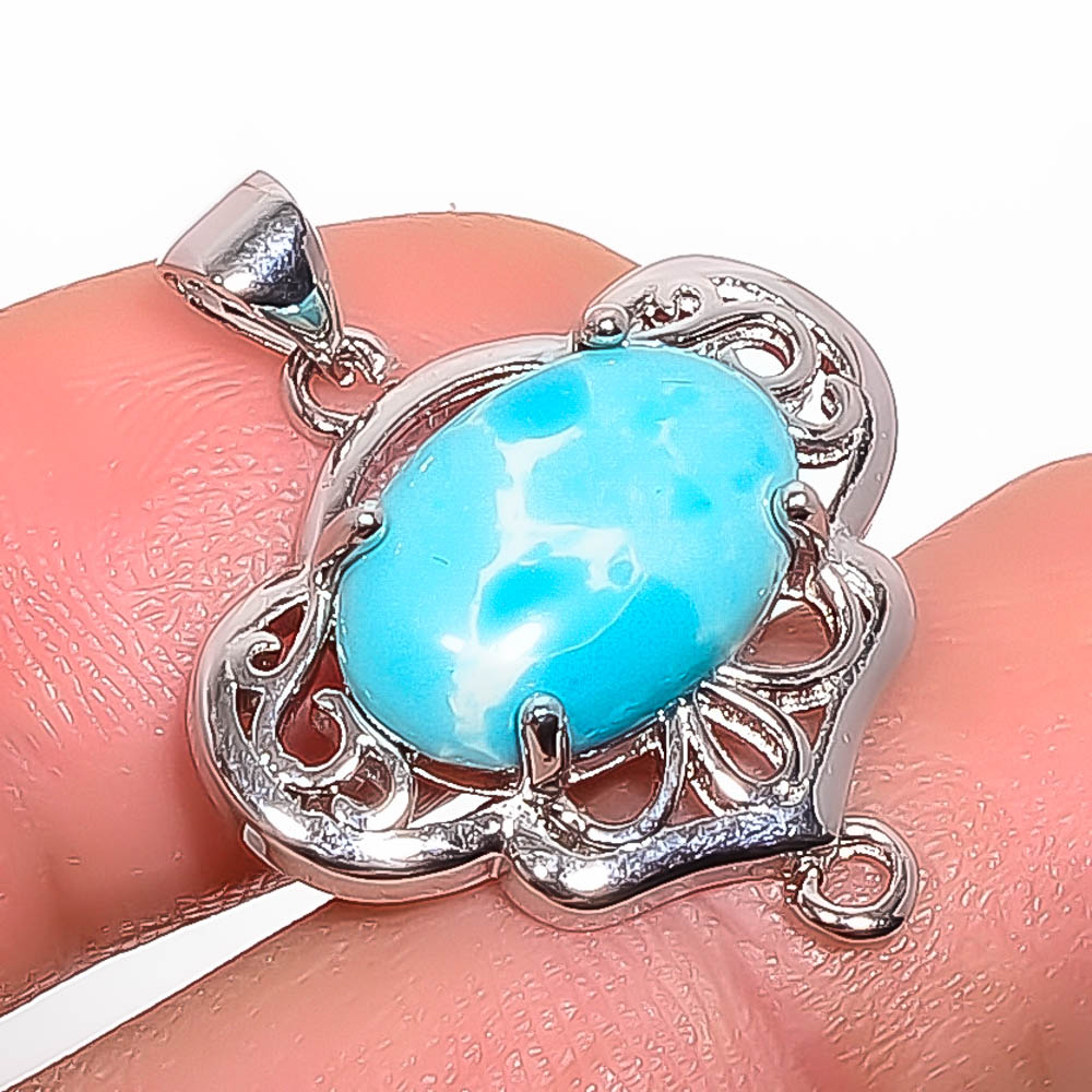 Larimar 925 Sterling Silver Pendant, Handmade Pendant, Oval Pendant, Blue Pendant, Unique Silver Pendant, Fine Pendant, Silver Jewelry Pendant
