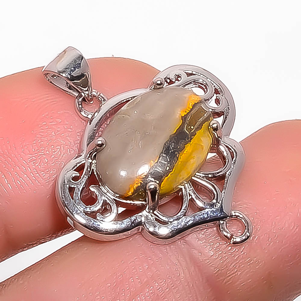 Bumble Bee Jasper 925 Sterling Silver Pendant, Handmade Pendant, Oval Pendant, Yellow Pendant, Unique Silver Pendant, Fine Pendant, Silver Jewelry Pendant