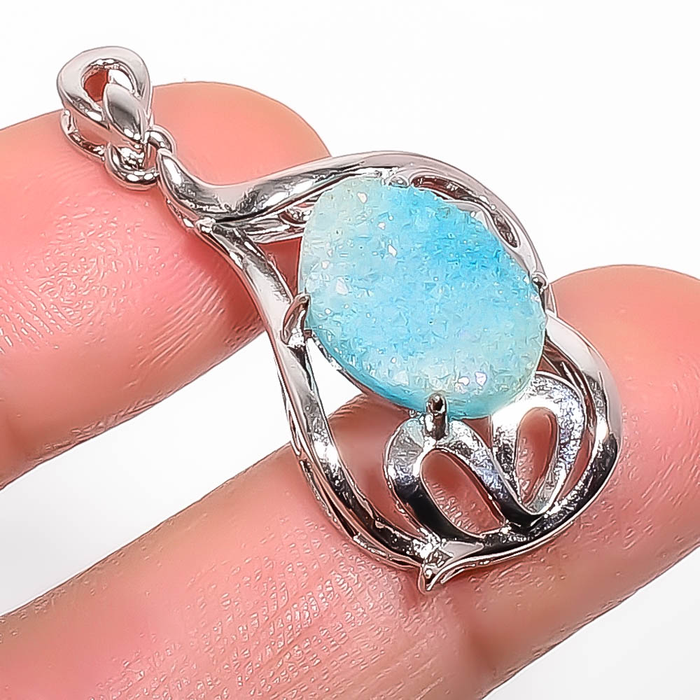 Blue Quartz Drusy 925 Sterling Silver Pendant, Handmade Pendant, Oval Pendant, Blue Pendant, Unique Silver Pendant, Fine Pendant, Silver Jewelry Pendant