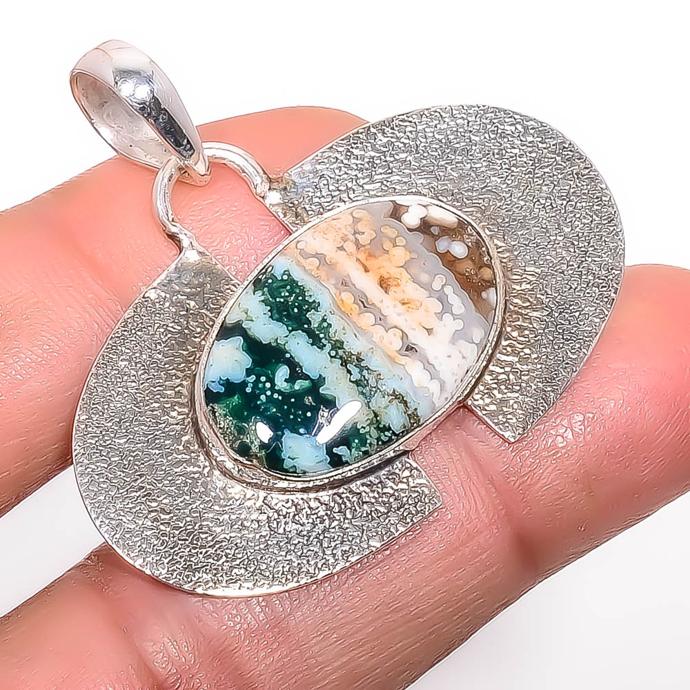 Ocean Jasper 925 Sterling Silver Pendant, Handmade Pendant, Oval Pendant, Green Pendant, Unique Silver Pendant, Fine Pendant, Silver Jewelry Pendant