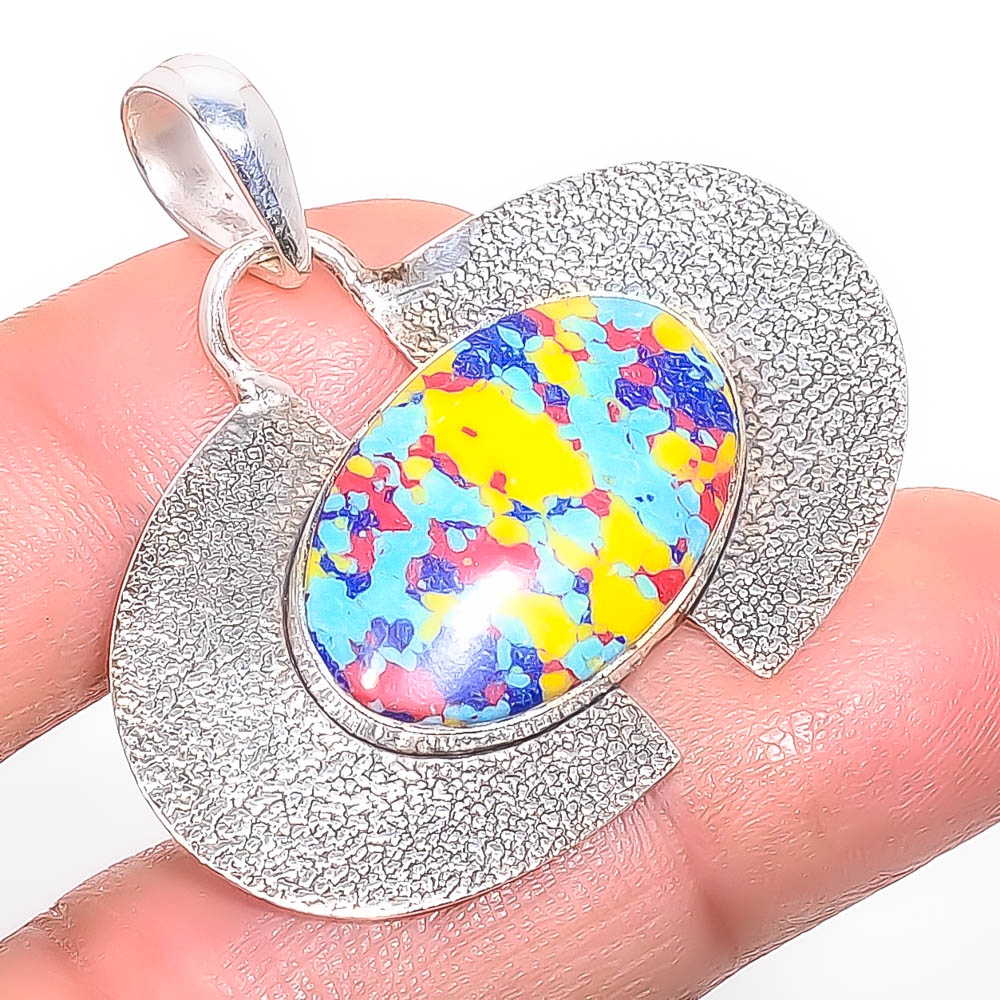 Mosaic Balloon Jasper 925 Sterling Silver Pendant, Handmade Pendant, Oval Pendant, Yellow Pendant, Unique Silver Pendant, Fine Pendant, Silver Jewelry Pendant