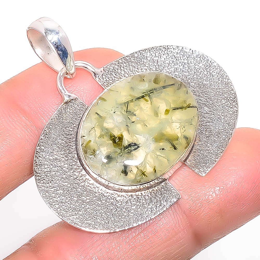 Tourmalated Prehnite 925 Sterling Silver Pendant, Handmade Pendant, Oval Pendant, Green Pendant, Unique Silver Pendant, Fine Pendant, Silver Jewelry Pendant
