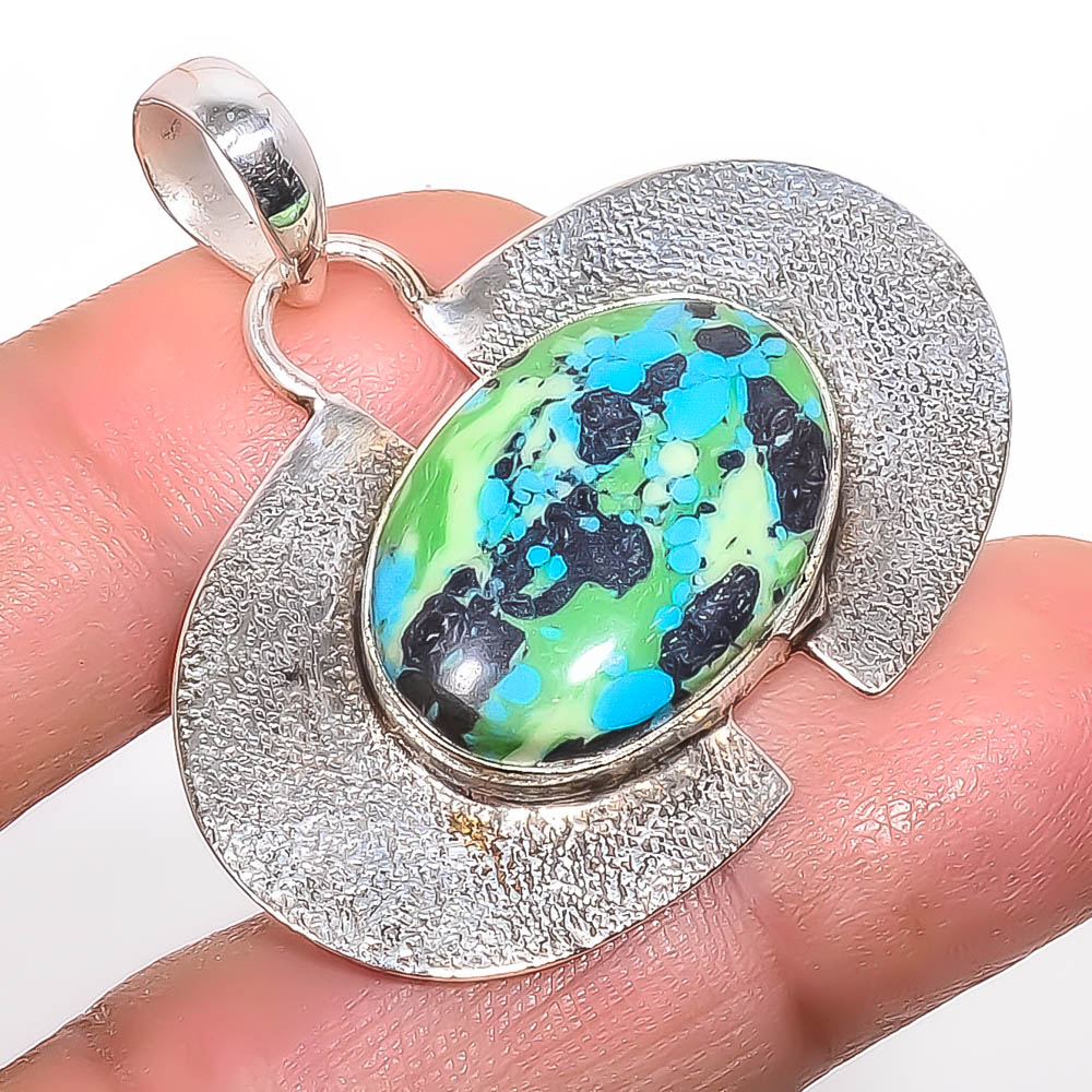 Azurite Malachite 925 Sterling Silver Pendant, Handmade Pendant, Oval Pendant, Green Pendant, Unique Silver Pendant, Fine Pendant, Silver Jewelry Pendant