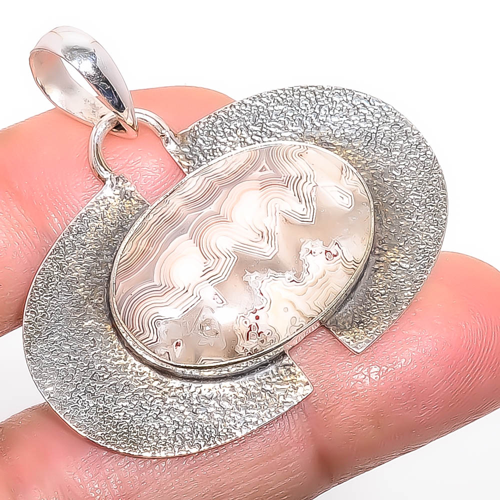 Laguna Lace Agate 925 Sterling Silver Pendant, Handmade Pendant, Oval Pendant, Orange Pendant, Unique Silver Pendant, Fine Pendant, Silver Jewelry Pendant