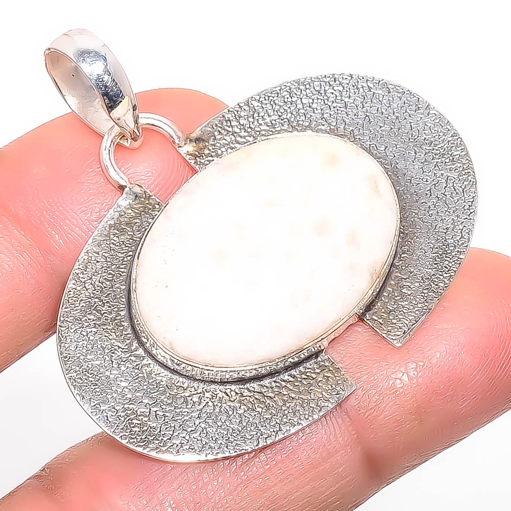 Fossil Coral 925 Sterling Silver Pendant, Handmade Pendant, Oval Pendant, Yellow Pendant, Unique Silver Pendant, Fine Pendant, Silver Jewelry Pendant