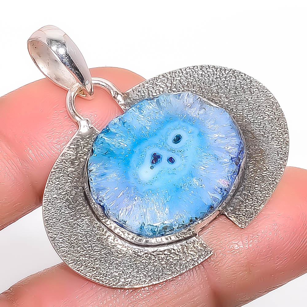 Blue Solar Quartz Eye 925 Sterling Silver Pendant, Handmade Pendant, Oval Pendant, Blue Pendant, Unique Silver Pendant, Fine Pendant, Silver Jewelry Pendant