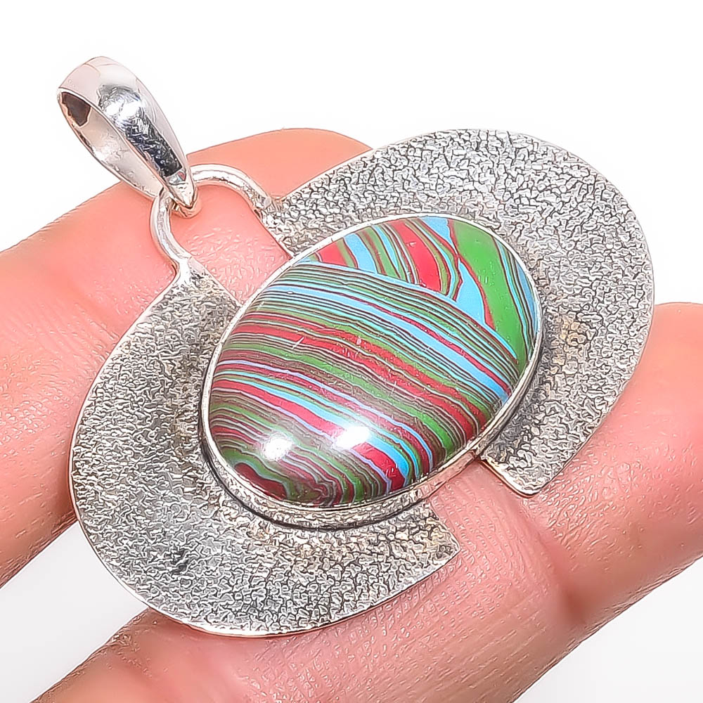Rainbow Calsilica 925 Sterling Silver Pendant, Handmade Pendant, Oval Pendant, Blue Pendant, Unique Silver Pendant, Fine Pendant, Silver Jewelry Pendant