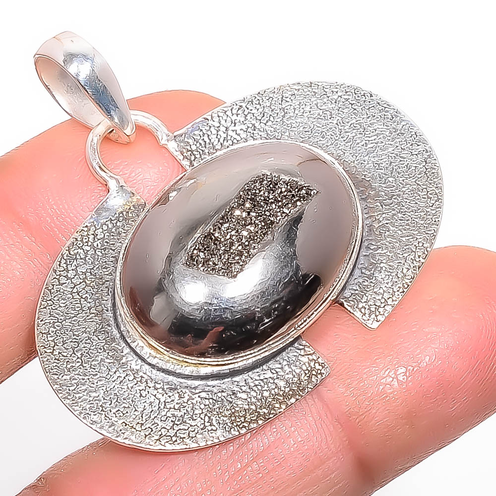 Titanium Carbon Agate Drusy 925 Sterling Silver Pendant, Handmade Pendant, Oval Pendant, Black Pendant, Unique Silver Pendant, Fine Pendant, Silver Jewelry Pendant