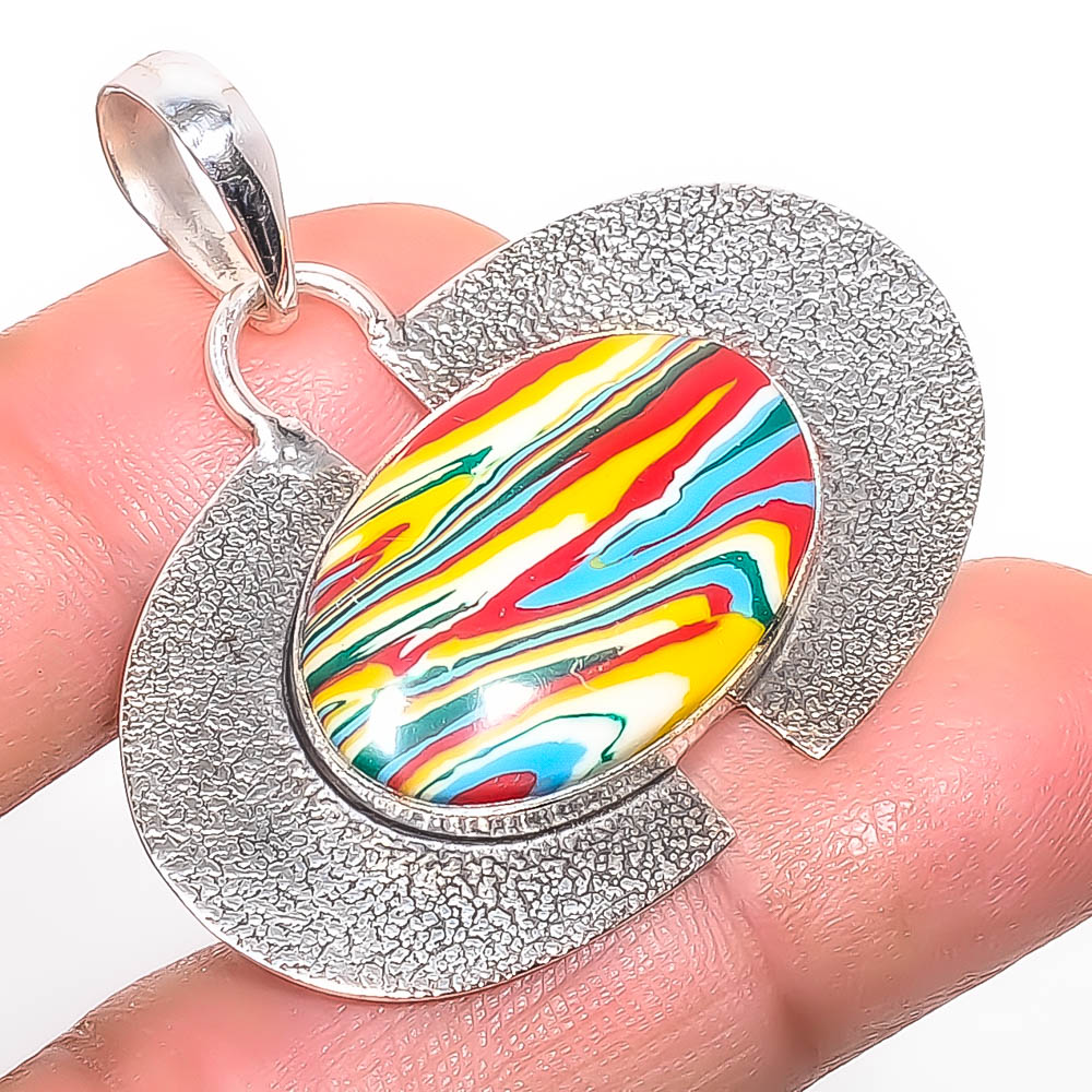 Rainbow Calsilica 925 Sterling Silver Pendant, Handmade Pendant, Oval Pendant, Yellow Pendant, Unique Silver Pendant, Fine Pendant, Silver Jewelry Pendant