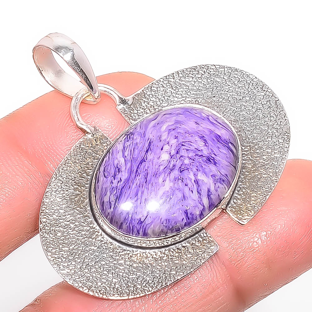 Charoite 925 Sterling Silver Pendant, Handmade Pendant, Oval Pendant, Purple Pendant, Unique Silver Pendant, Fine Pendant, Silver Jewelry Pendant