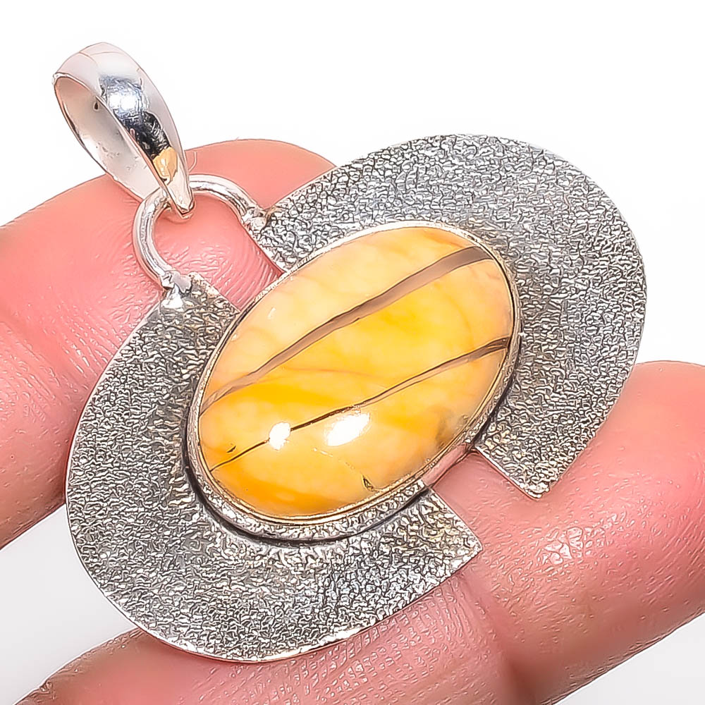 Brecciated Mookaite 925 Sterling Silver Pendant, Handmade Pendant, Oval Pendant, Yellow Pendant, Unique Silver Pendant, Fine Pendant, Silver Jewelry Pendant