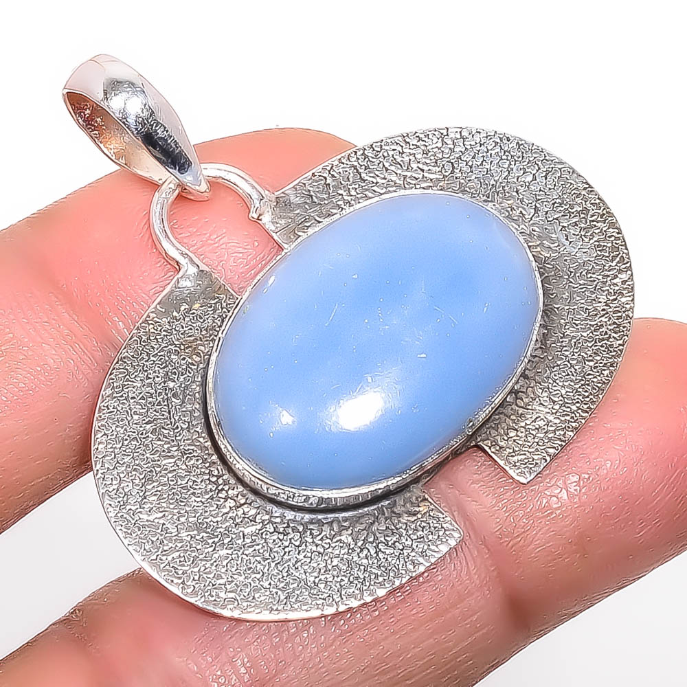 Angelite Jasper 925 Sterling Silver Pendant, Handmade Pendant, Oval Pendant, Blue Pendant, Unique Silver Pendant, Fine Pendant, Silver Jewelry Pendant