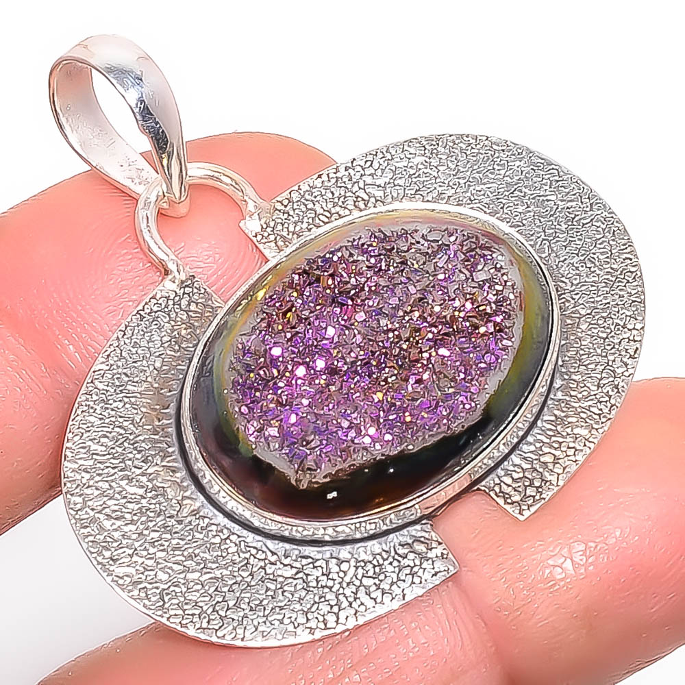 Titanium Purple Agate Drusy 925 Sterling Silver Pendant, Handmade Pendant, Oval Pendant, Purple Pendant, Unique Silver Pendant, Fine Pendant, Silver Jewelry Pendant