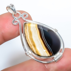Banded Agate 925 Sterling Silver Pendant, Handmade Pendant, Pear Pendant, Black Pendant, Unique Silver Pendant, Fine Pendant, Silver Jewelry Pendant
