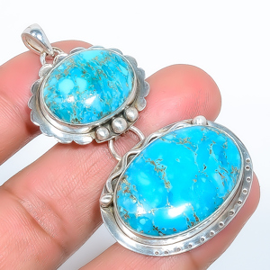 Copper Blue Turquoise 925 Sterling Silver Pendant, Handmade Pendant, Oval Pendant, Blue Pendant, Unique Silver Pendant, Fine Pendant, Silver Jewelry Pendant