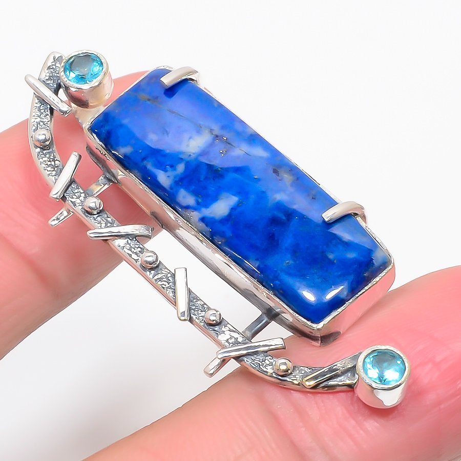 Lazulite & Blue Topaz 925 Sterling Silver Pendant, Handmade Pendant, Baguete Pendant, Blue Pendant, Unique Silver Pendant, Fine Pendant, Silver Jewelry Pendant
