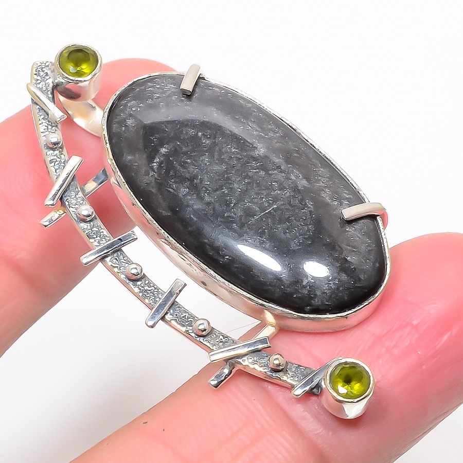Silver Sheen Obsidian & Peridot 925 Sterling Silver Pendant, Handmade Pendant, Oval Pendant, Silver Pendant, Unique Silver Pendant, Fine Pendant, Silver Jewelry Pendant