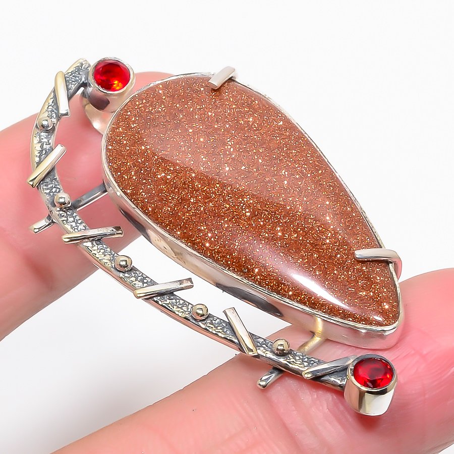 Golden Sunstone & Garnet 925 Sterling Silver Pendant, Handmade Pendant, Pear Pendant, Golden Pendant, Unique Silver Pendant, Fine Pendant, Silver Jewelry Pendant
