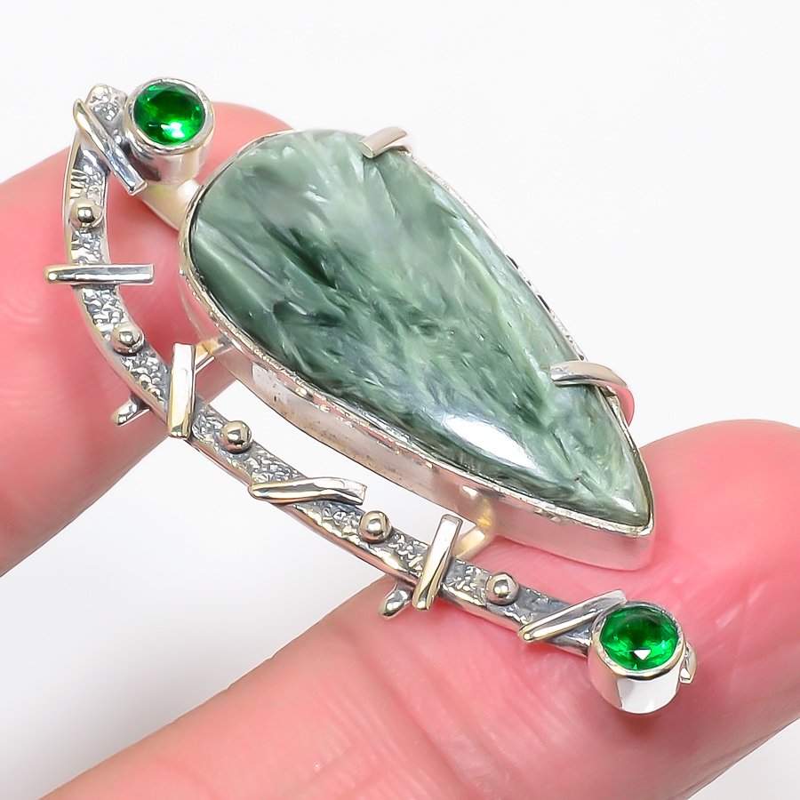Seraphinite & Emerald 925 Sterling Silver Pendant, Handmade Pendant, Pear Pendant, Green Pendant, Unique Silver Pendant, Fine Pendant, Silver Jewelry Pendant