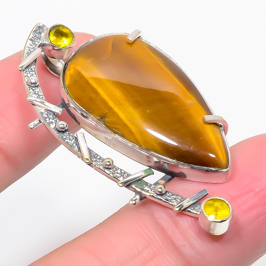 Thai Tiger Eye & Lemon Topaz 925 Sterling Silver Pendant, Handmade Pendant, Pear Pendant, Yellow Pendant, Unique Silver Pendant, Fine Pendant, Silver Jewelry Pendant
