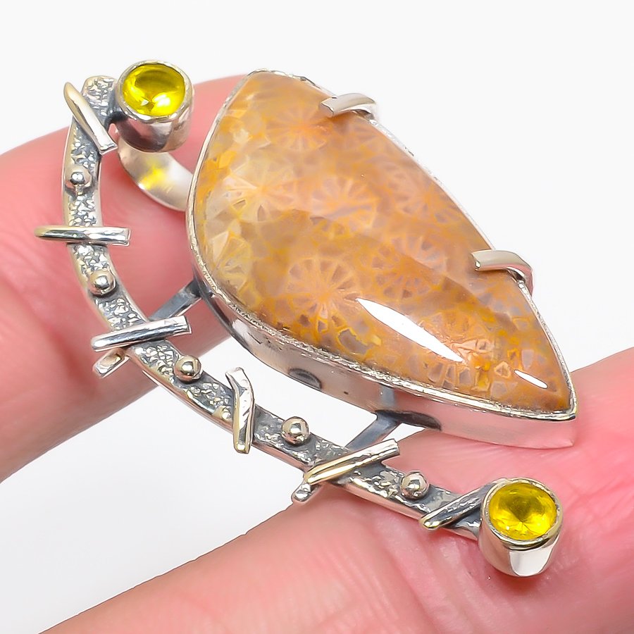 Fossil Coral & Lemon Topaz 925 Sterling Silver Pendant, Handmade Pendant, Pear Pendant, Yellow Pendant, Unique Silver Pendant, Fine Pendant, Silver Jewelry Pendant