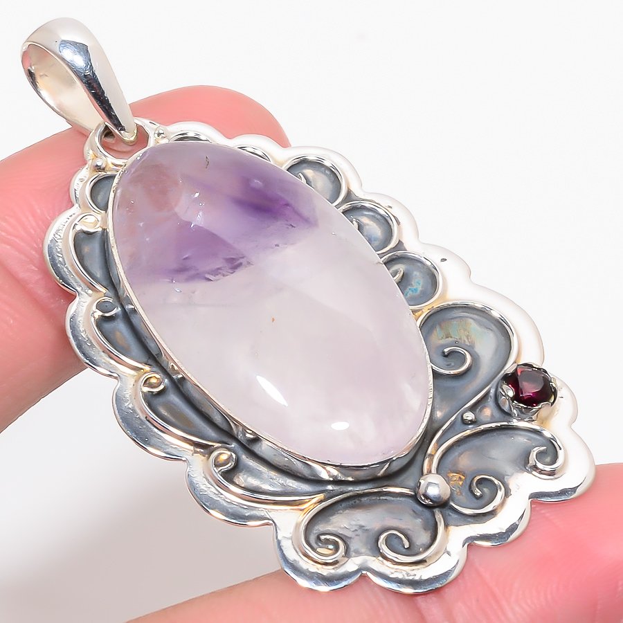 Chevron Amethyst & Amethyst 925 Sterling Silver Pendant, Handmade Pendant, Oval Pendant, Purple Pendant, Unique Silver Pendant, Fine Pendant, Silver Jewelry Pendant