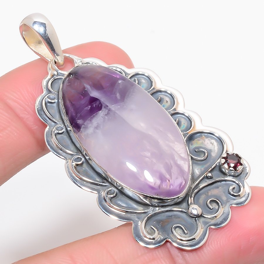 Chevron Amethyst & Amethyst 925 Sterling Silver Pendant, Handmade Pendant, oval Pendant, Purple Pendant, Unique Silver Pendant, Fine Pendant, Silver Jewelry Pendant