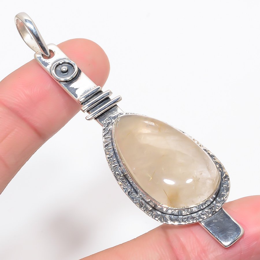 Golden Rutilated Quartz 925 Sterling Silver Pendant, Handmade Pendant, Pear Pendant, Golden Pendant, Unique Silver Pendant, Fine Pendant, Silver Jewelry Pendant