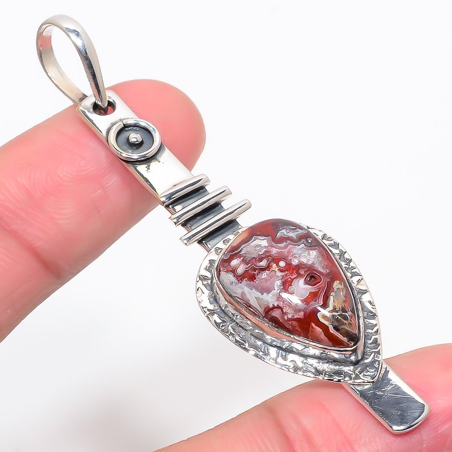 Carzy Lace Agate 925 Sterling Silver Pendant, Handmade Pendant, Pear Pendant, Red Pendant, Unique Silver Pendant, Fine Pendant, Silver Jewelry Pendant